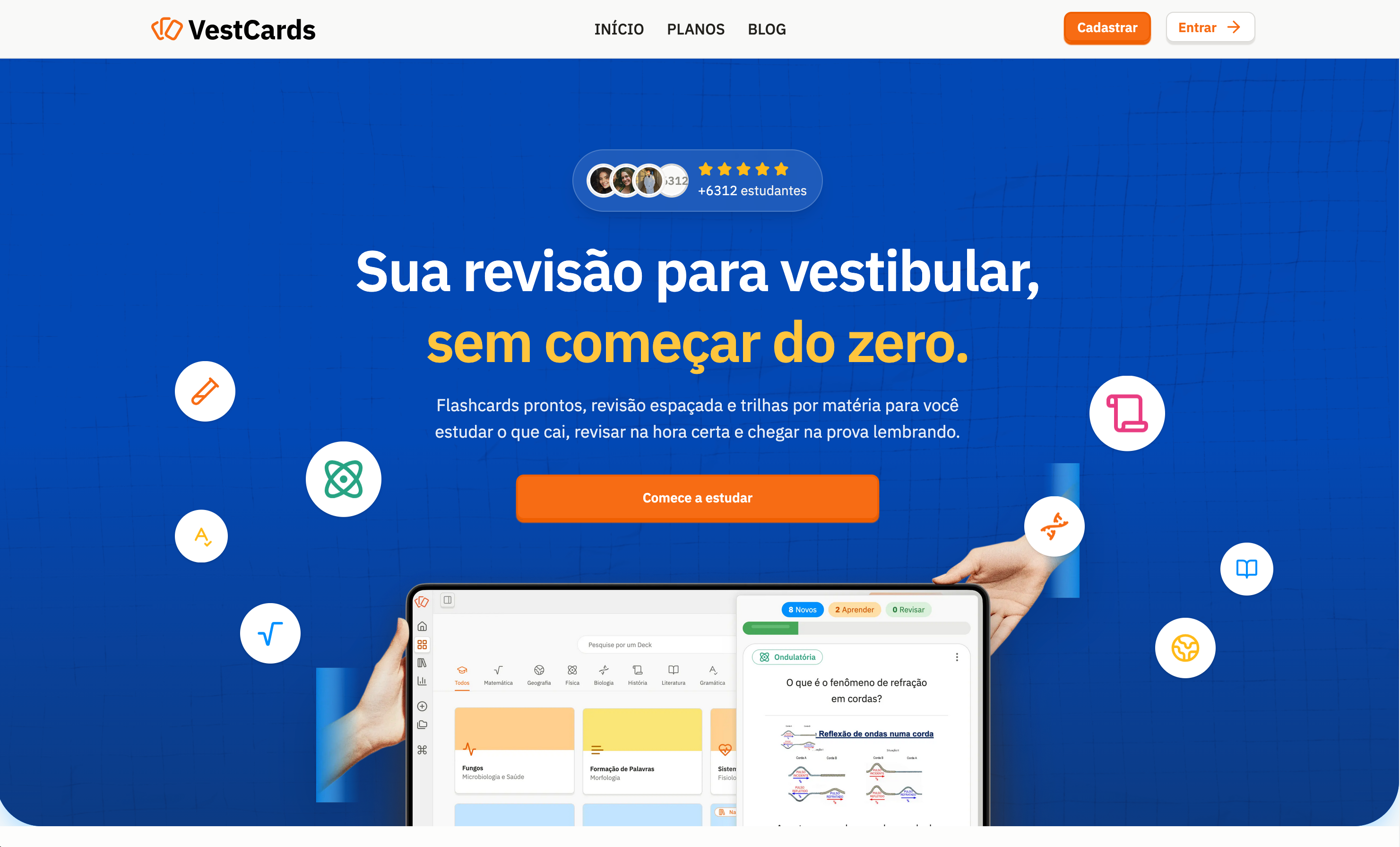 Landing page do VestCards com hero azul, CTA laranja e preview do produto